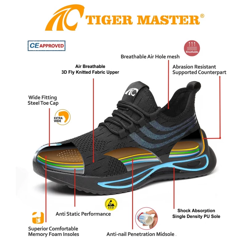 China TM3083 Black anti puncture steel toe fashion sport safety shoes for men light weight manufacturer