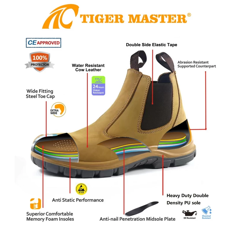 China TM160A Yellow nubuck leather anti slip steel toe men waterproof safety shoes without laces manufacturer