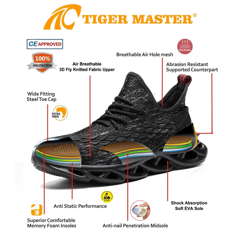 China TM3087 Black comfortalbe steel toe sports safety shoes for men light weight manufacturer