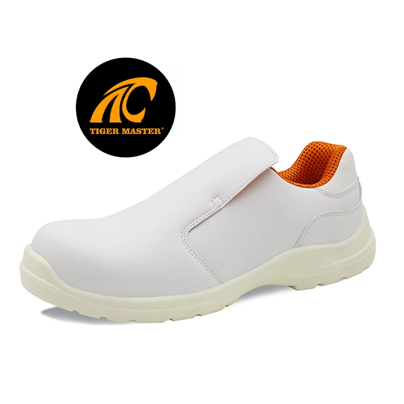 China TM079 Sapatos de segurança de chef de couro de microfibra branco antiderrapante com biqueira composta para cozinha fabricante