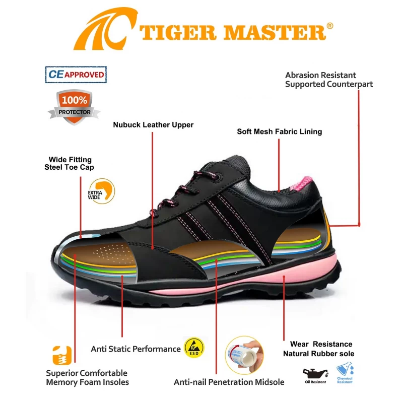 China TM3131 Wear resistant rubber sole genuine leather steel toe safety shoes for woman manufacturer