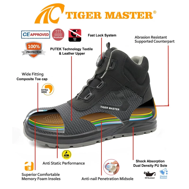 中国 TM268H 男士快速锁定系统防滑复合趾安全靴 制造商