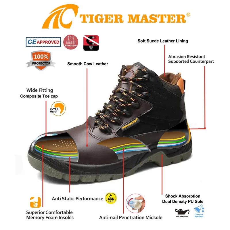 中国 TM3134 チリ用耐穿刺複合つま先レザーライニング産業用安全靴 メーカー