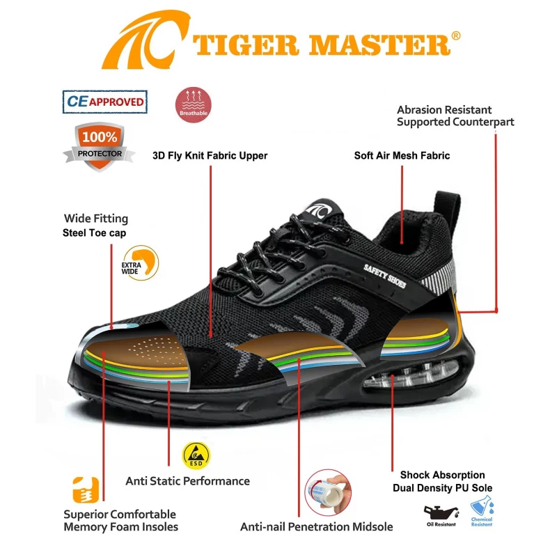 China TM3142 Black light weight steel toe breathable work safety shoes for men manufacturer