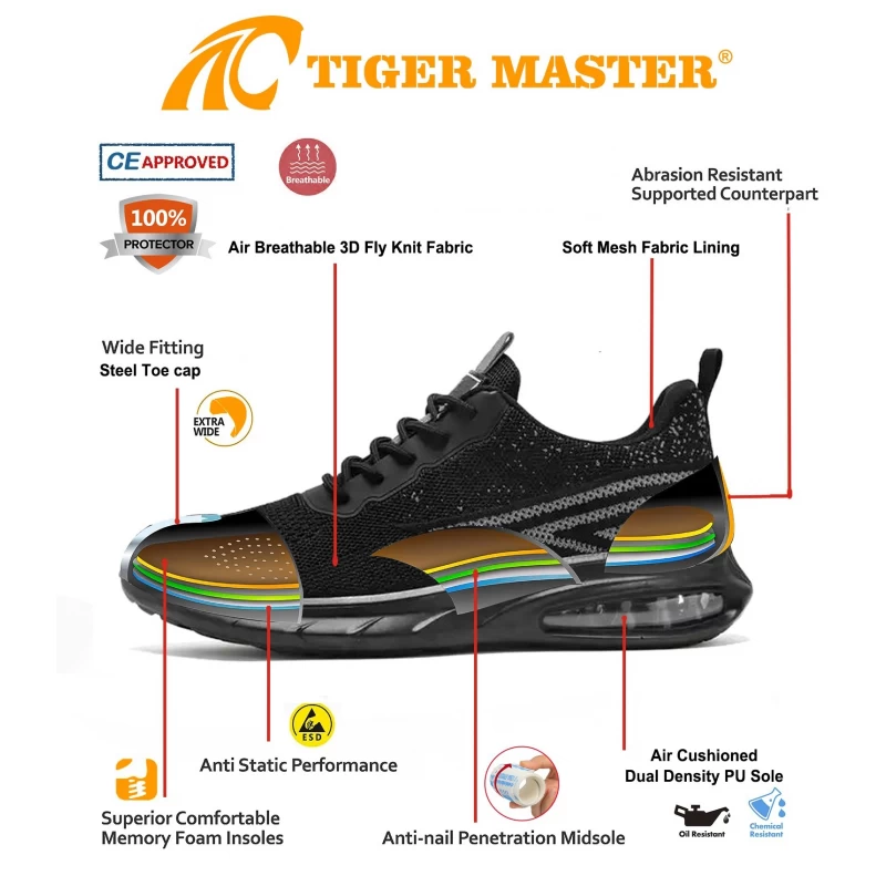 China TM3146 Sapatos de segurança esportivos leves com biqueira de aço com amortecimento de ar para homens e mulheres fabricante