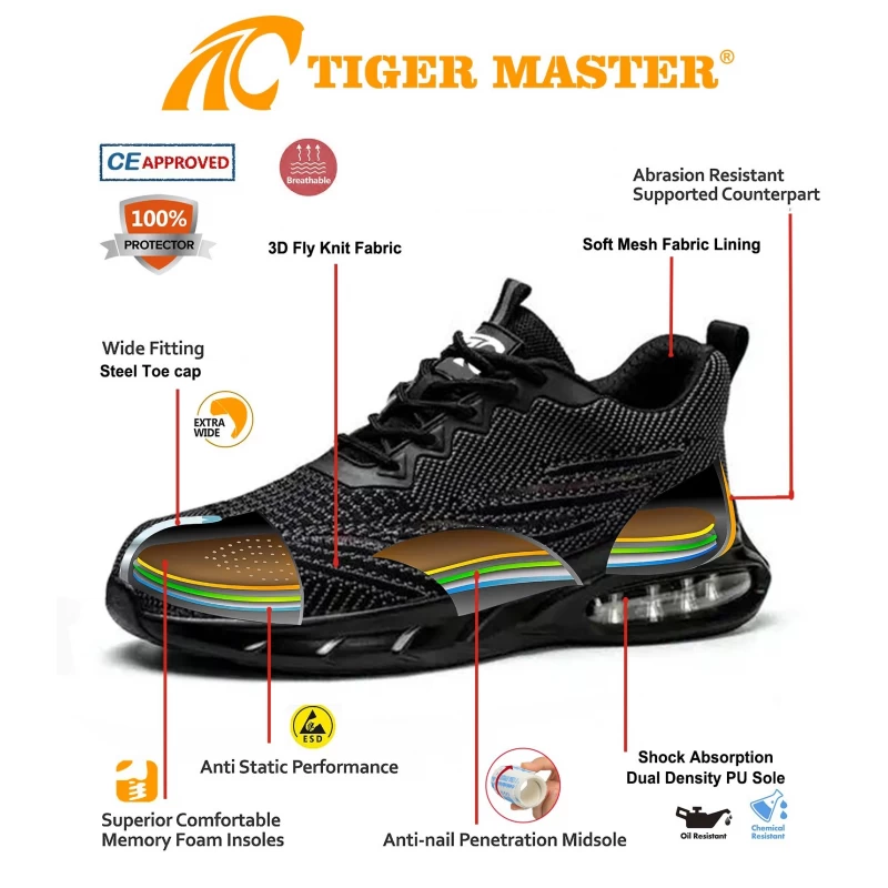 Chine TM3153 chaussures de sécurité de sport respirantes à bout en acier noir pour hommes fabricant
