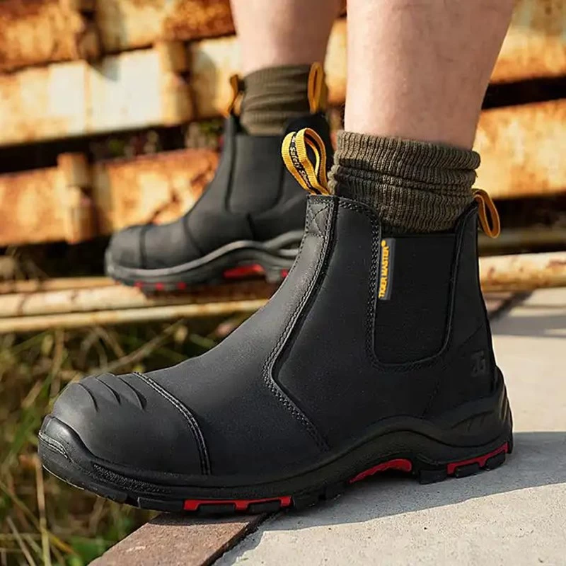Китай TM117 Мужская защитная обувь из черной нубуковой кожи с композитным носком для нефтяных месторождений без шнурков производителя