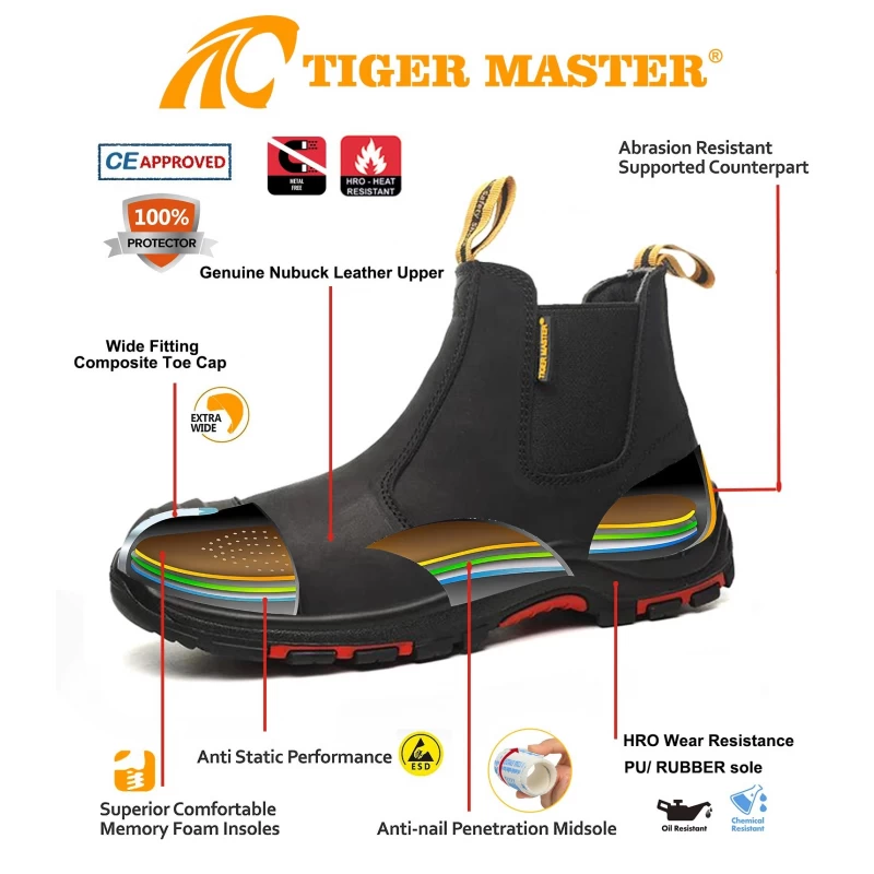 porcelana TM117 Zapatos de seguridad para hombre de campo petrolífero con punta compuesta de cuero nobuck negro sin encaje fabricante