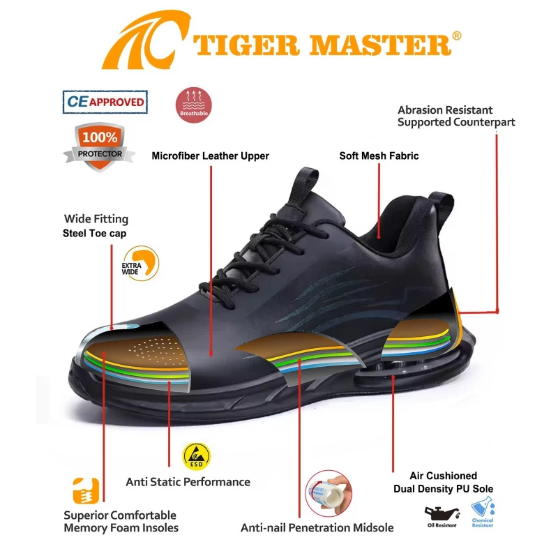China TM3168 Sapatos de segurança industrial com biqueira de aço e couro de microfibra esportivos para homens fabricante