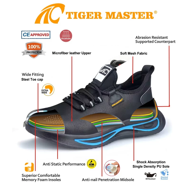 Chine Chaussures de sécurité antidérapantes en cuir microfibre pour hommes, légères et anti-écrasement, à la mode, TM3055 fabricant