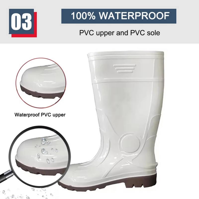 الصين GB07-5 مقاوم للماء ومضاد للانزلاق لصناعة الأغذية أحذية المطر البلاستيكية اللامعة البيضاء الصانع