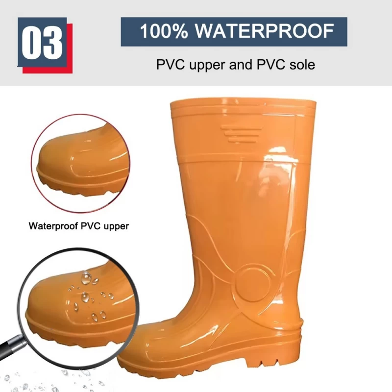 China GB07-6 Orangefarbener, wasserdichter, rutschfester, glänzender PVC-Sicherheitsregenstiefel mit Stahlkappe Hersteller