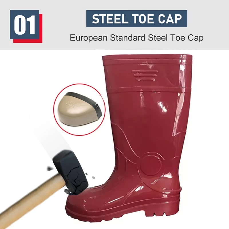 Cina GB07-7 Stivali da pioggia di sicurezza in pvc glitter rosso con punta in acciaio antiscivolo impermeabili al ginocchio da uomo produttore