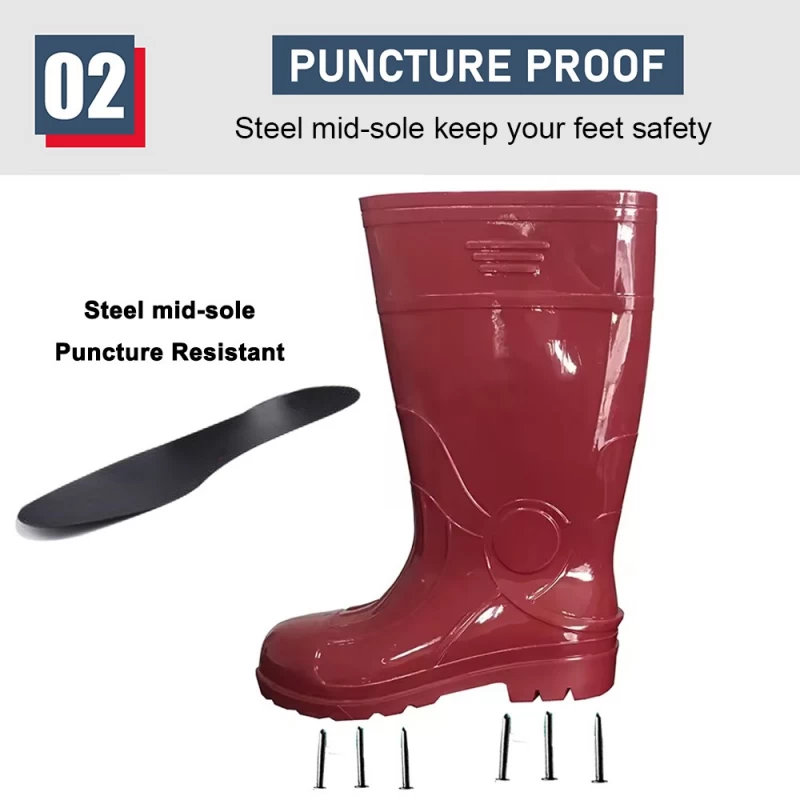 porcelana GB07-7 Botas de lluvia de seguridad de pvc con purpurina roja y punta de acero antideslizante, impermeables hasta la rodilla, para hombre fabricante