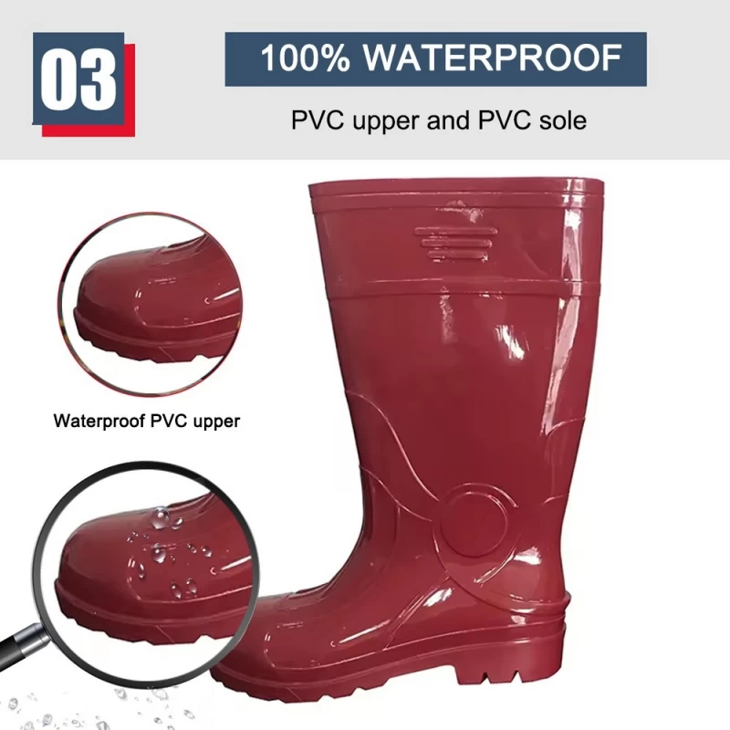China GB07-7 Knee high waterproof anti slip steel toe red glitter pvc safety rain boots men manufacturer