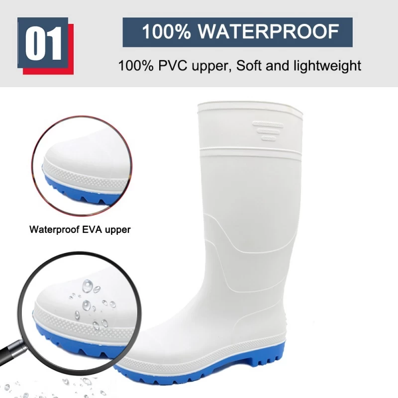 China GB01 Wasserdichte, rutschfeste, nicht sichere, weiße PVC-Regenstiefel für die Lebensmittelindustrie Hersteller