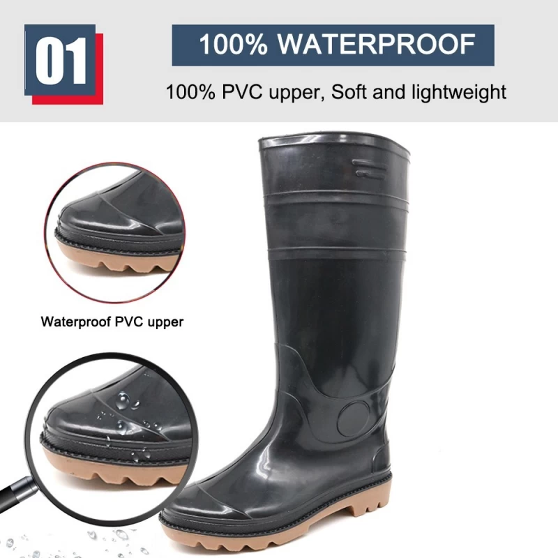 China GB03A Wasserdichte, rutschfeste, kniehohe Regenstiefel aus schwarzem, rutschfestem PVC Hersteller