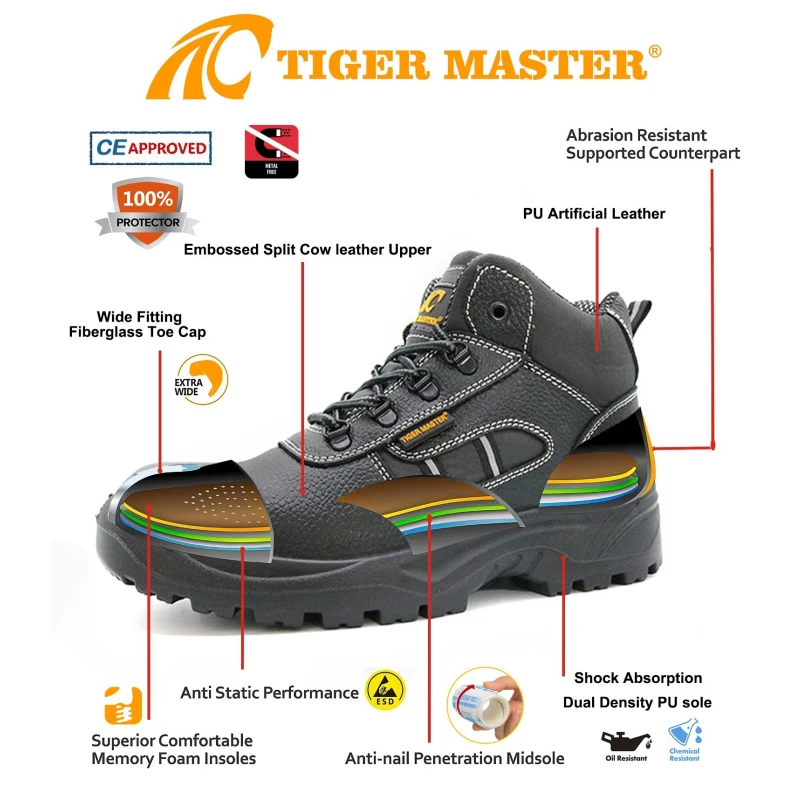 porcelana TM039 Zapatos de seguridad industrial de cuero antipinchazos con punta de fibra de vidrio para hombres fabricante
