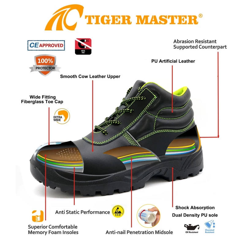 porcelana TM028 Zapatos de seguridad para obra de construcción antipinchazos con punta de fibra de vidrio de cuero negro para hombre fabricante