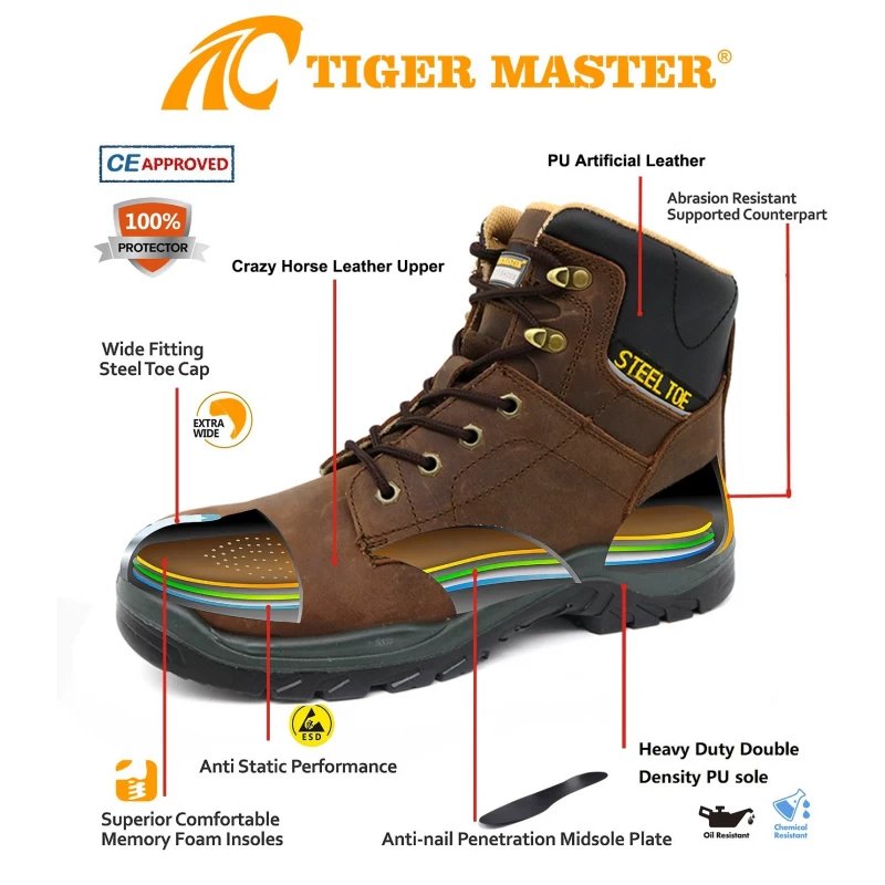 China TM118 Crazy horse leather anti puncture steel toe industry safety boots for men manufacturer