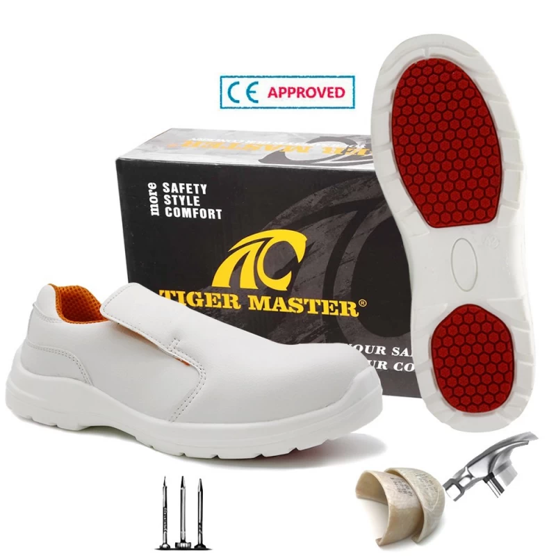 China TM079 New anti-skid fiberglass toe puncture proof white kitchen safety shoes without lace manufacturer