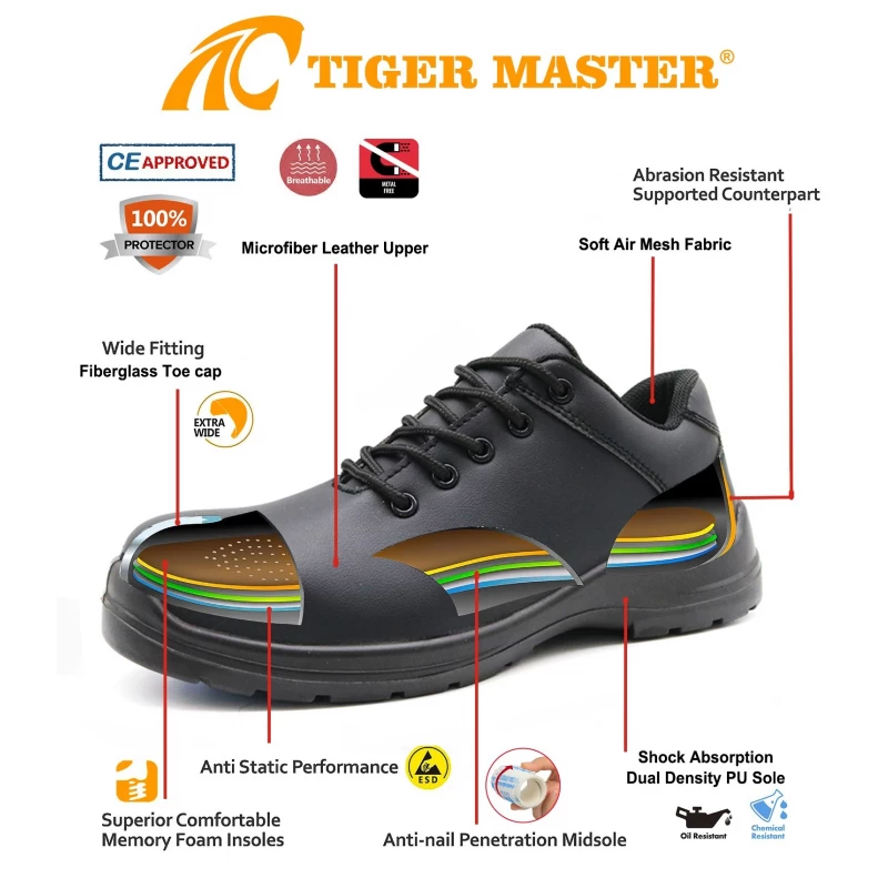 China TM084-1 New anti-skid fiberglass toe puncture-proof black kitchen safety shoes manufacturer