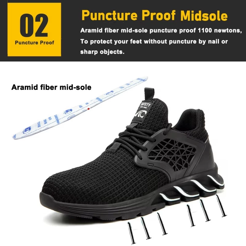 China TM3216 Black anti puncture breathable sport type safety shoes with steel toe manufacturer