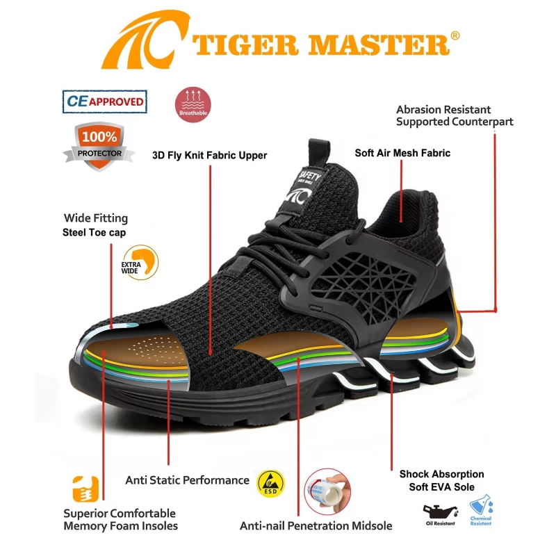China TM3216 Black anti puncture breathable sport type safety shoes with steel toe manufacturer