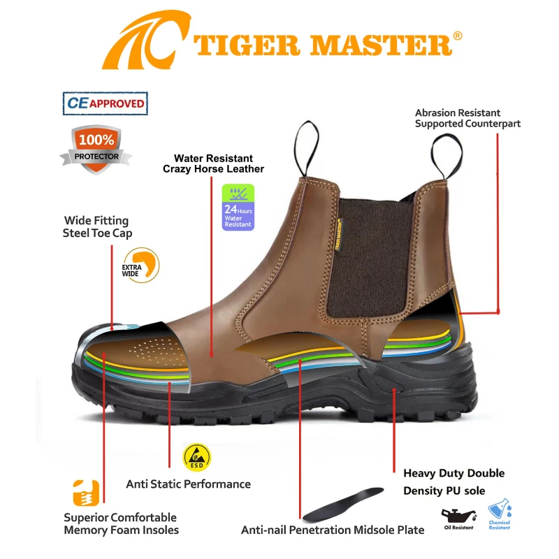 Chine TM3325 Le cuir marron empêcher la perforation des orteils en acier sans lacets Bottes de sécurité fabricant