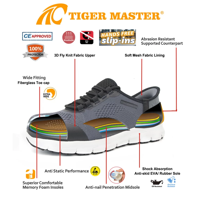 China TM2023 Slip-ins Fiberglass Toe Puncture Proof Anti-static Sport Safety Shoes Grey manufacturer