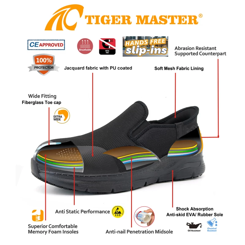China TM2022 Slip-ins Anti-skid Fiberglass Toe Workshop Safety Shoes Without Laces manufacturer