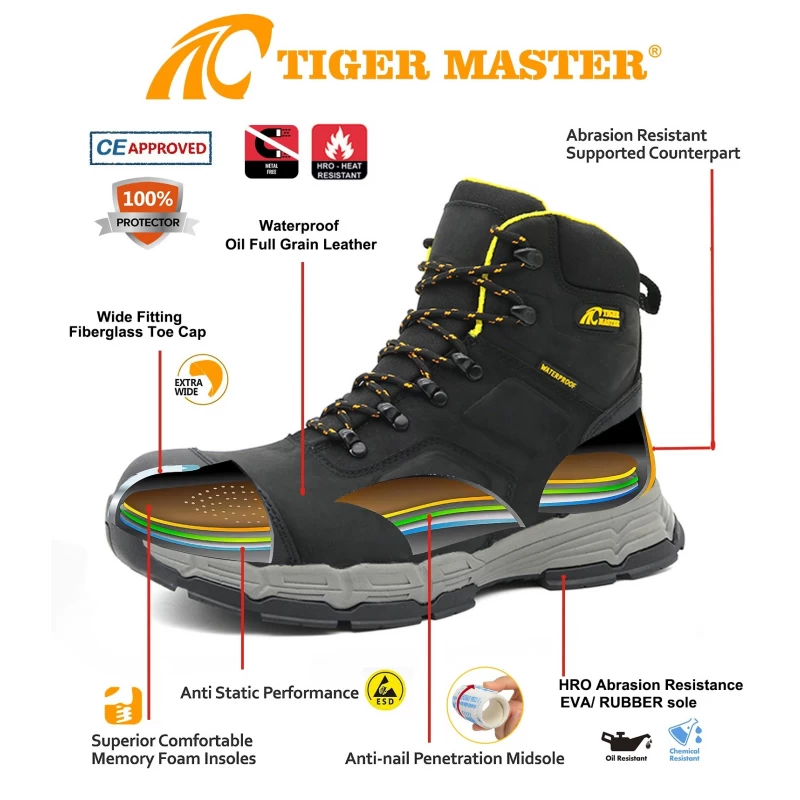 China TM196 Echte lederen glasvezel teen anti punctie waterdichte veiligheidsschoenen mannen fabrikant