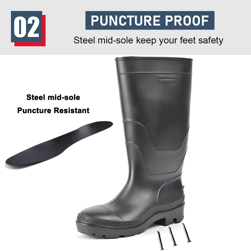 China GB20 Black Steel Toe Anti Puncture Safety PVC Knee Rain Boots manufacturer