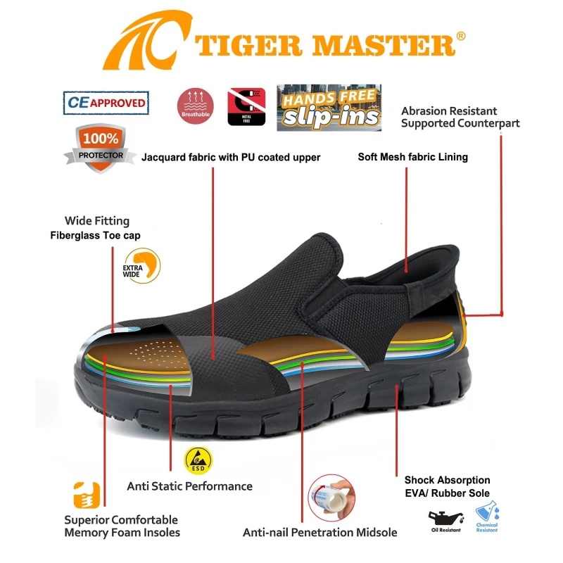 porcelana TM2022 Slip-Ins Nuevos zapatos de seguridad contra el deslizamiento con el dedo del pie de fibra de vidrio para la logística fabricante