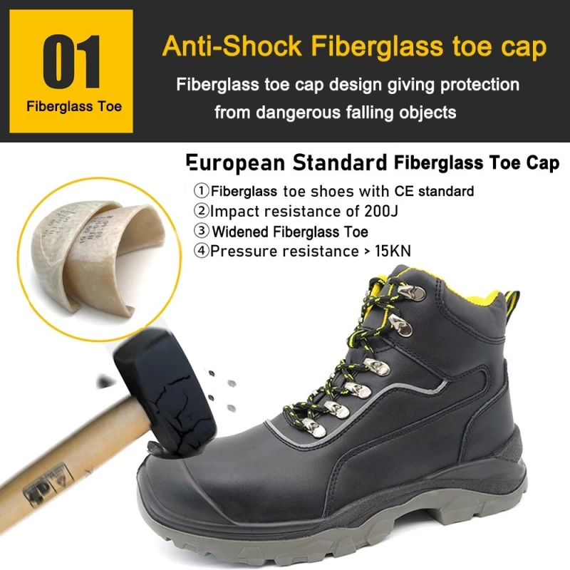 China TM021-2 Fiberglass Toe Anti Puncture Black Leather Safety Boots for Men manufacturer