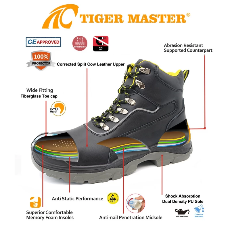 China TM021-2 Fiberglass Toe Anti Puncture Black Leather Safety Boots for Men manufacturer