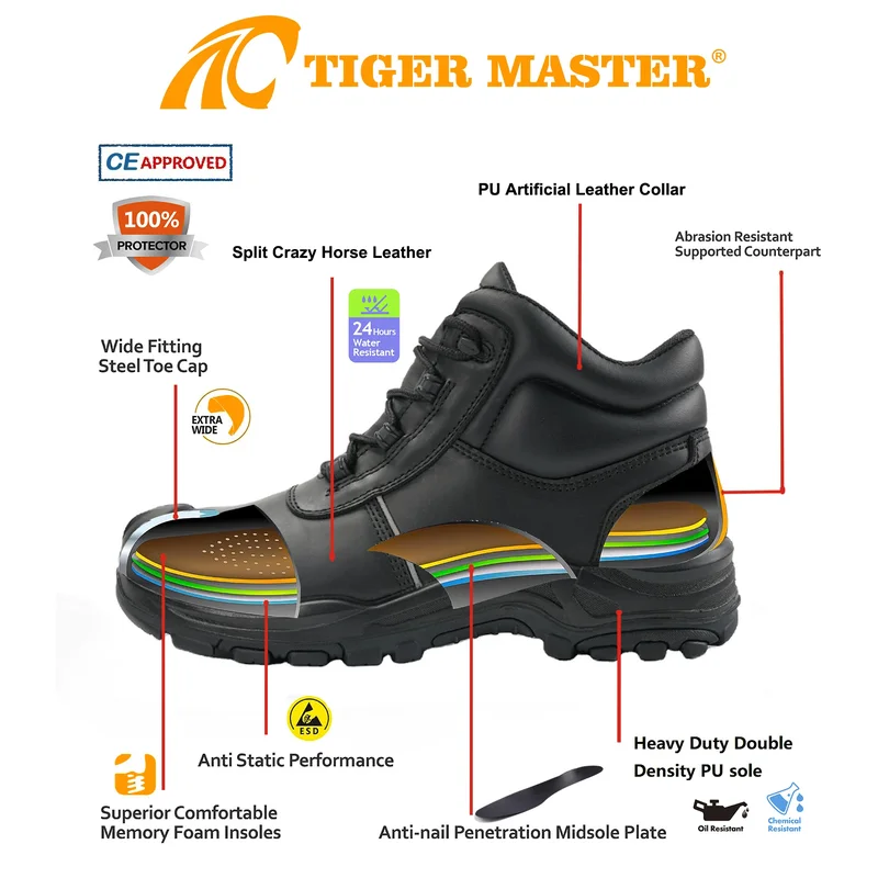 China TM3370 Steel Toe Anti Puncture Leather Industrial Safety Boots Men manufacturer