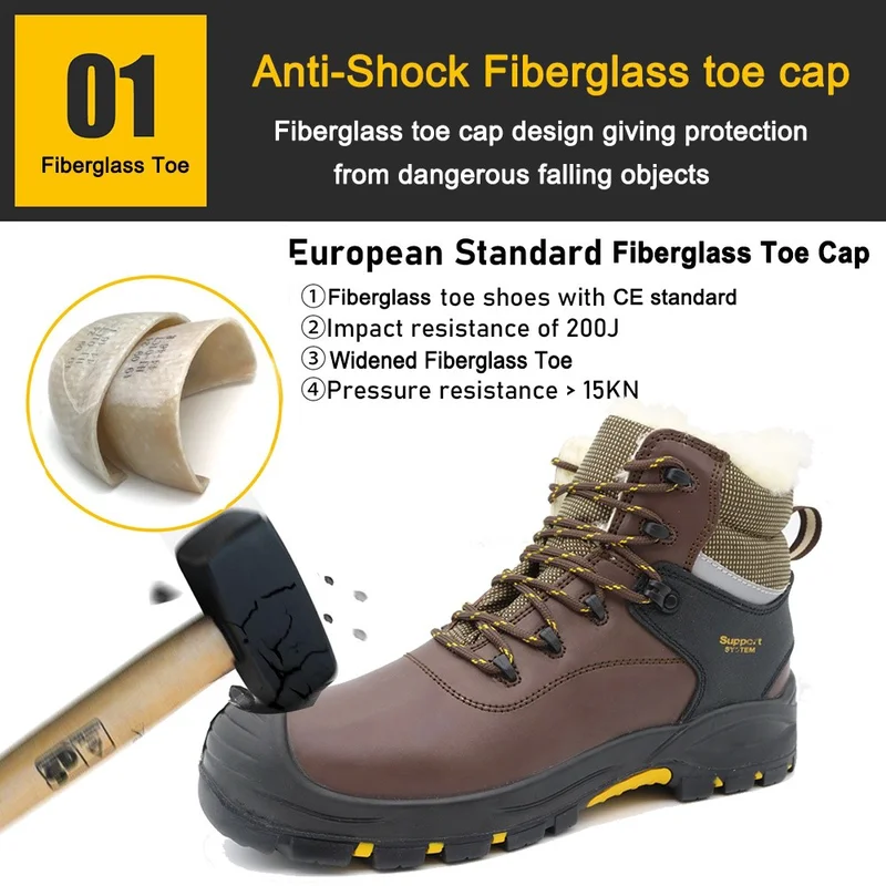 중국 TM158-2 갈색 가죽 유리 섬유 발가락 방지 안전 신발 겨울 제조업체