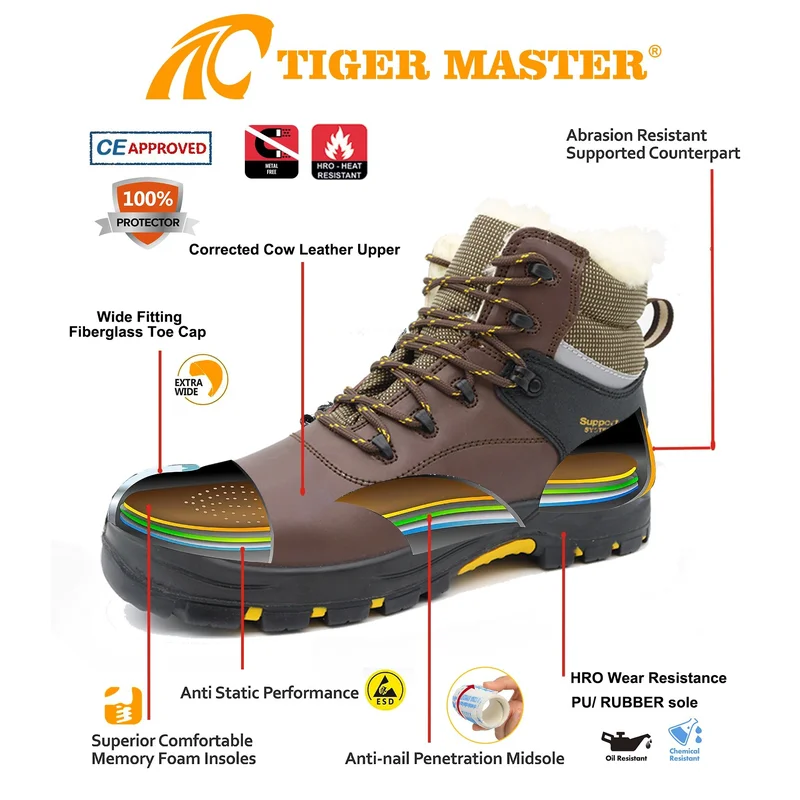 중국 TM158-2 갈색 가죽 유리 섬유 발가락 방지 안전 신발 겨울 제조업체