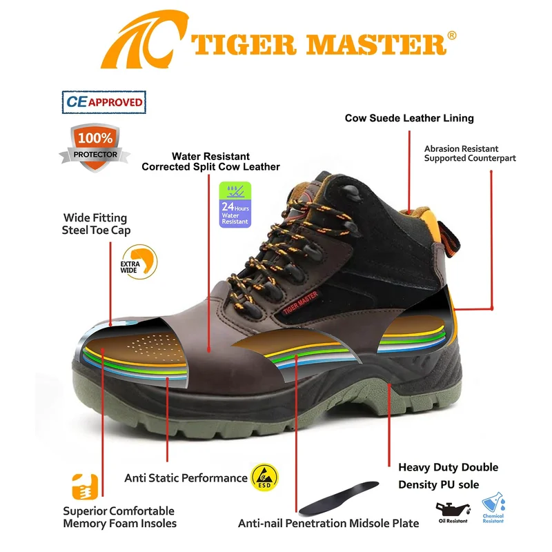 中国 TM3272防滑皮革衬里钢脚趾穿刺安全鞋用于建筑 制造商