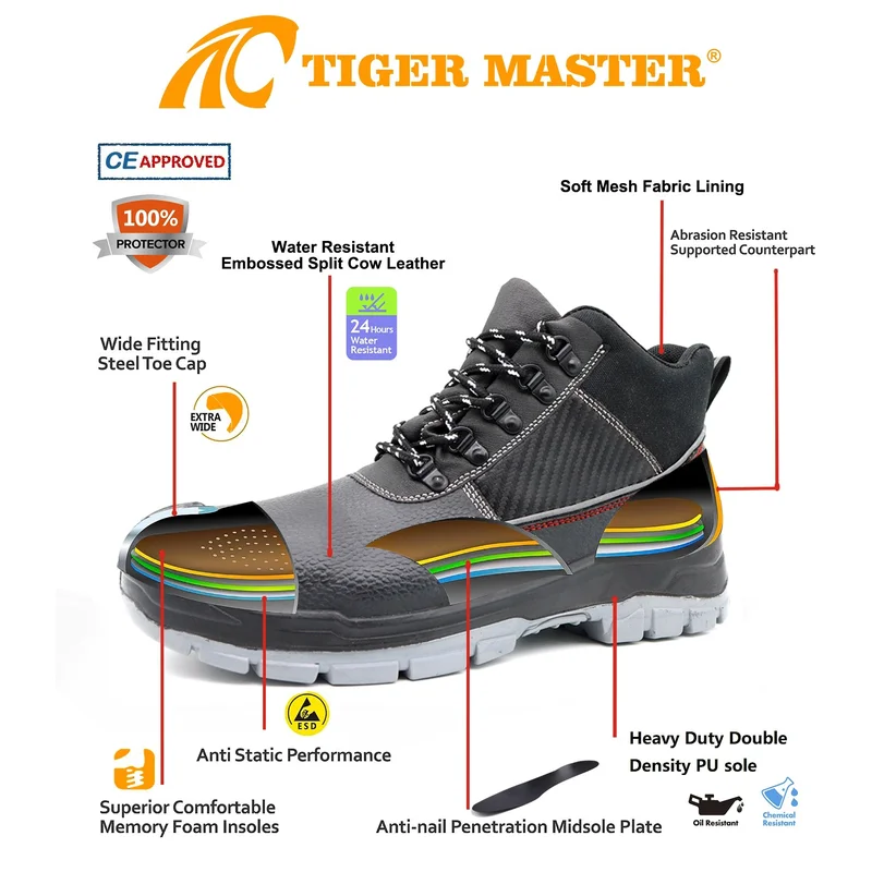 China TM3337 Black Leather Water Resistant Steel toe S3 Safety Shoes for Construction manufacturer