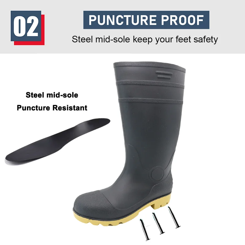 China GB42 Steel Toe Puncture Proof Black PVC Safety Rain Boots for Construction manufacturer