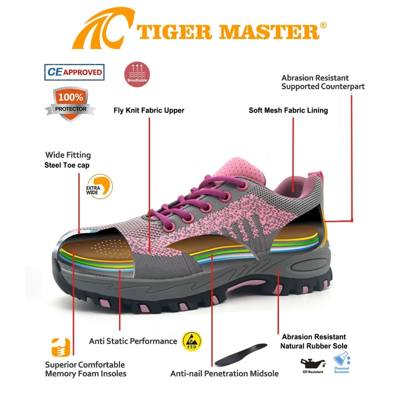 China TM3377 Anti Slip Rubber Sole Steel Toe Puncture Proof Pink Women Safety Shoes manufacturer