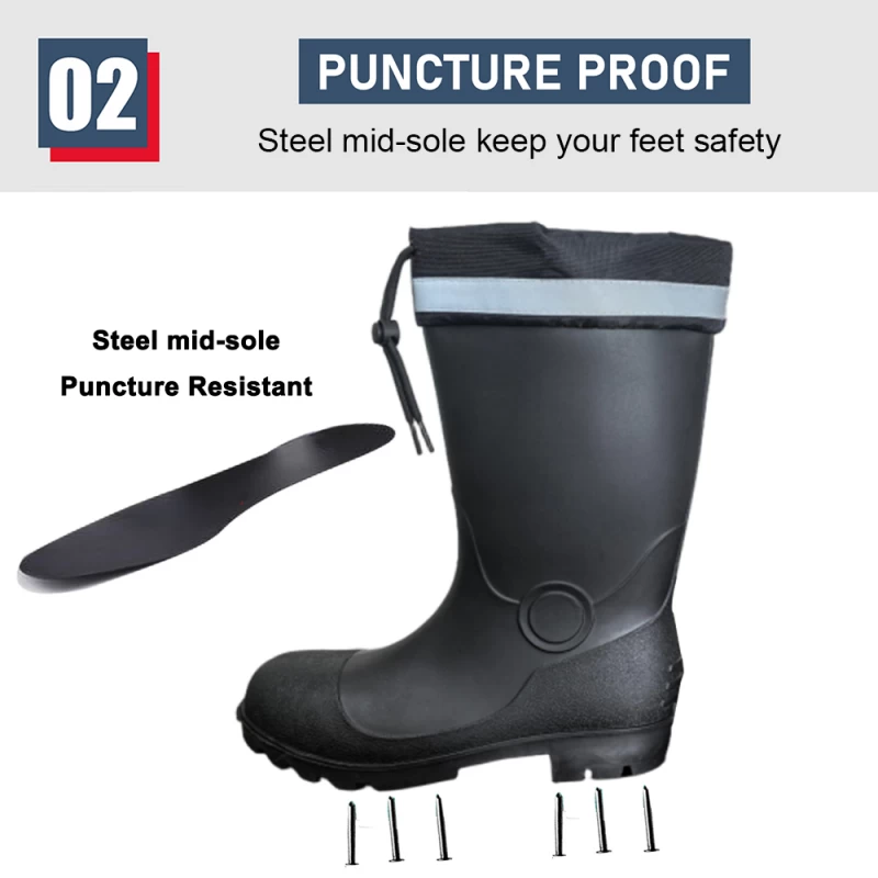 China GB43 Waterproof Steel Toe Reflective PVC Safety Rain Boots with PU Collar manufacturer
