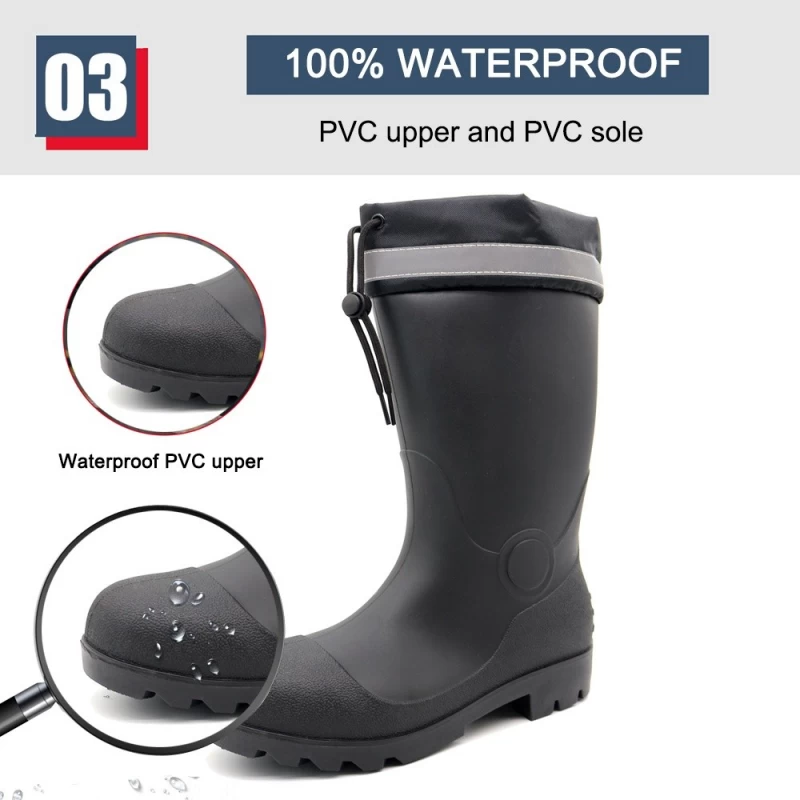 China GB43 Black Waterproof EU Steel Toe Construction PVC Safety Boots with PU Collar manufacturer
