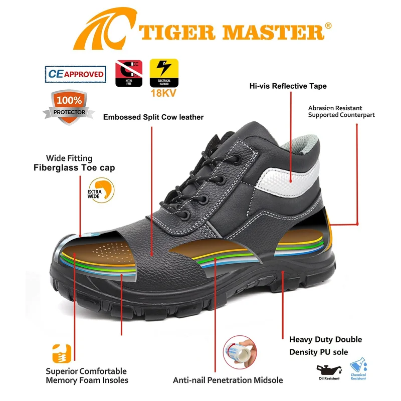Chine Chaussures de sécurité à bout en fibre de verre avec isolation électrique TM059-1 CE et ASTM 18kv, cuir noir fabricant