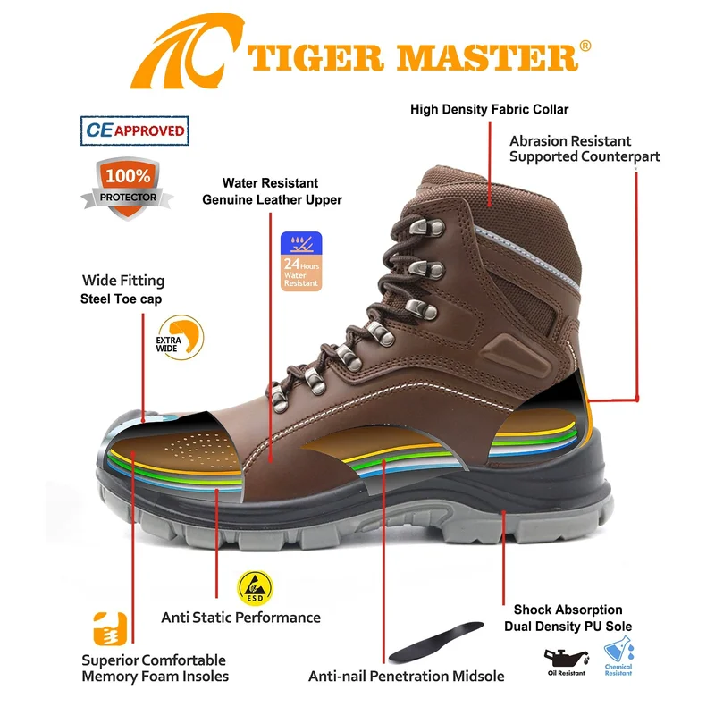 China TM179 Braune, hochwertige Sicherheitsstiefel aus echtem Leder mit Stahlkappe für die Industrie Hersteller