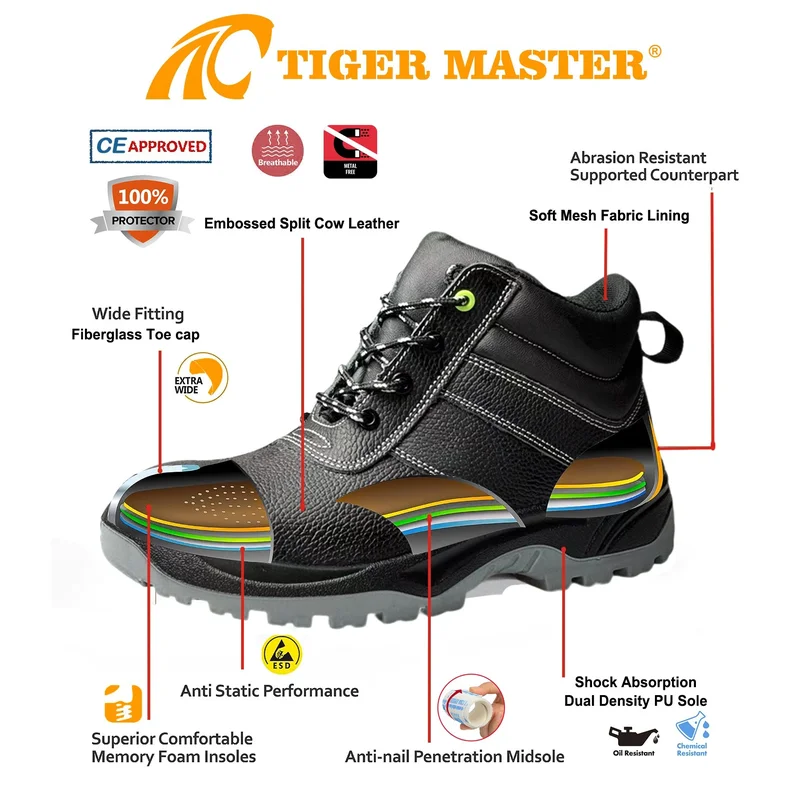 中国 TM3382 防滑防刺穿玻璃纤维趾皮革建筑安全靴 制造商