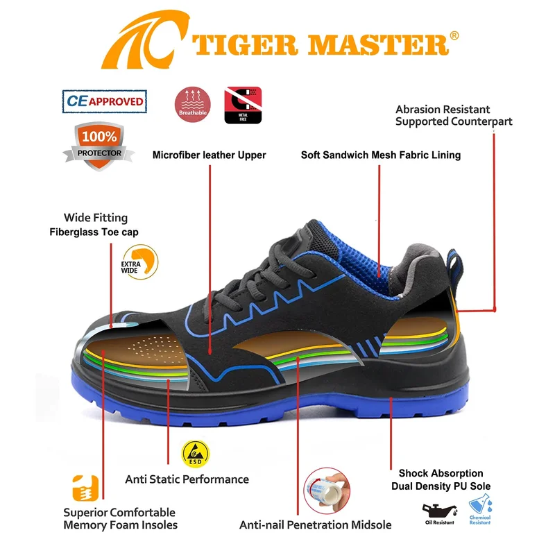 중국 TM3383 작업장을 위한 미끄럼 방지 섬유유리 발가락 방지 천공 ESD 스포츠 안전화 제조업체
