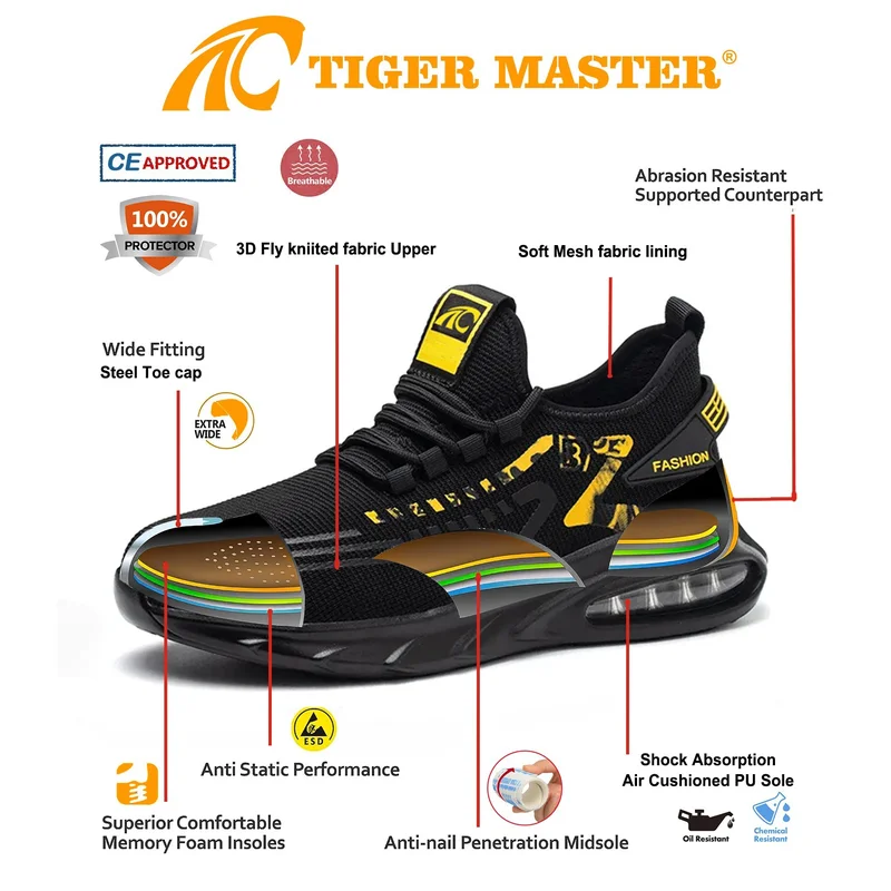 중국 TM3061 에어 쿠션 미끄럼 방지 EU 강철 발가락 운동화 남성용 안전화 제조업체